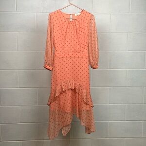 NWOT LENON Women's Sample Dress- Puff Sleeves Round Neck Tie Waist Heart Pattern